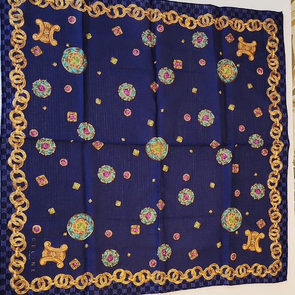 Celine Accessories - Celine Navy and Gold Chain Pattern Scarf